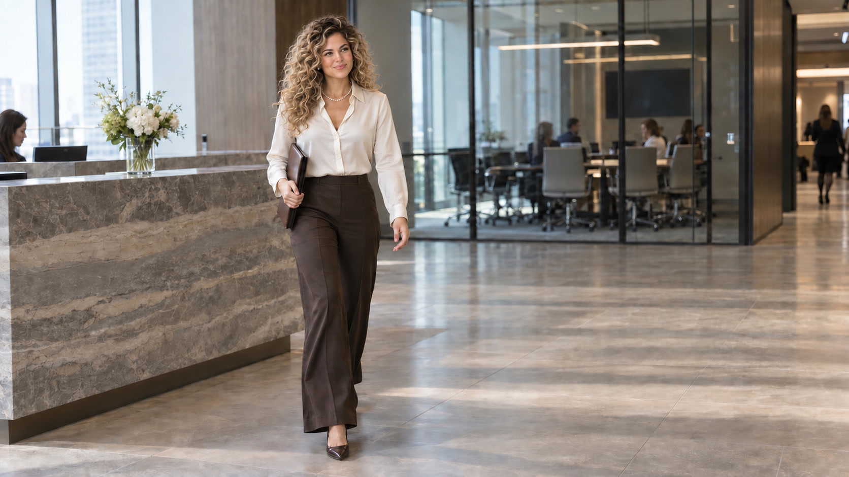 Fashion-forward Latina CMO with dimensional maple-cream-blonde curls, pearls, and a leather folio walking through a modern office