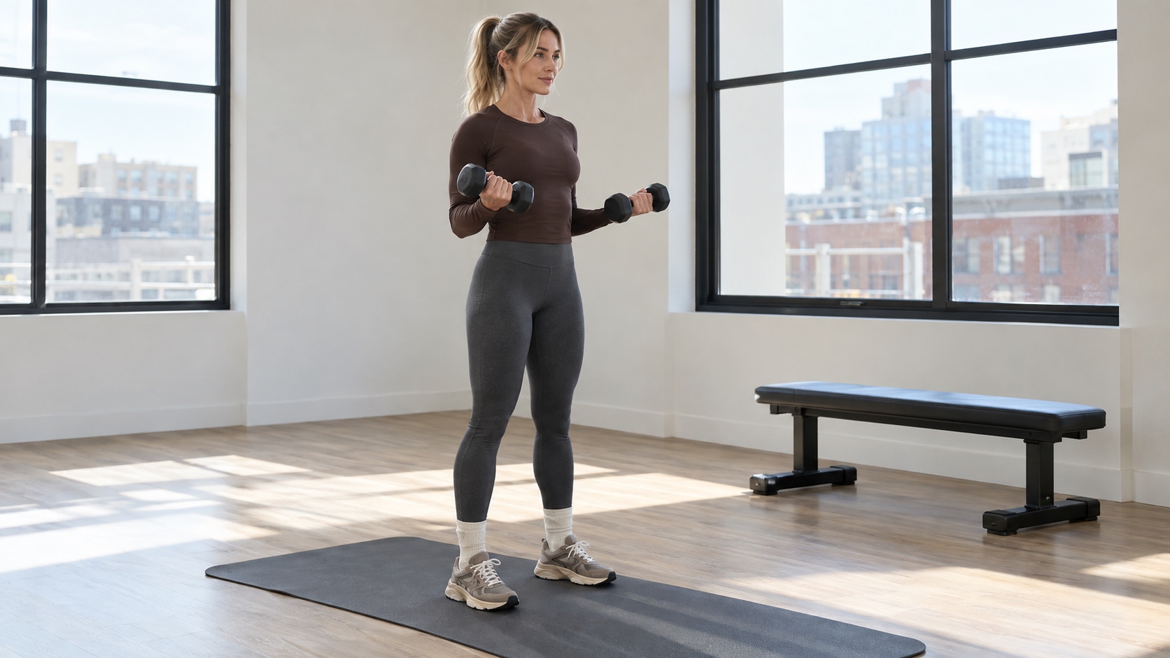 Woman with a dimensional blonde ponytail lifting light weights on a mat in a bright workout studio