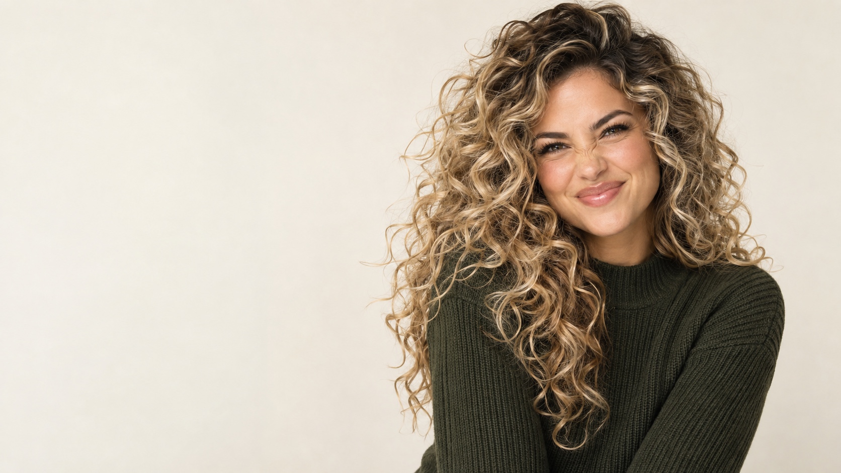 Woman in an olive knit top with dimensional maple-cream-blonde curls giving a playful nose-scrunch smile
